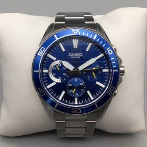 Casio Watch Men Silver Tone Blue Dial 5374 MTD-320 Day Date